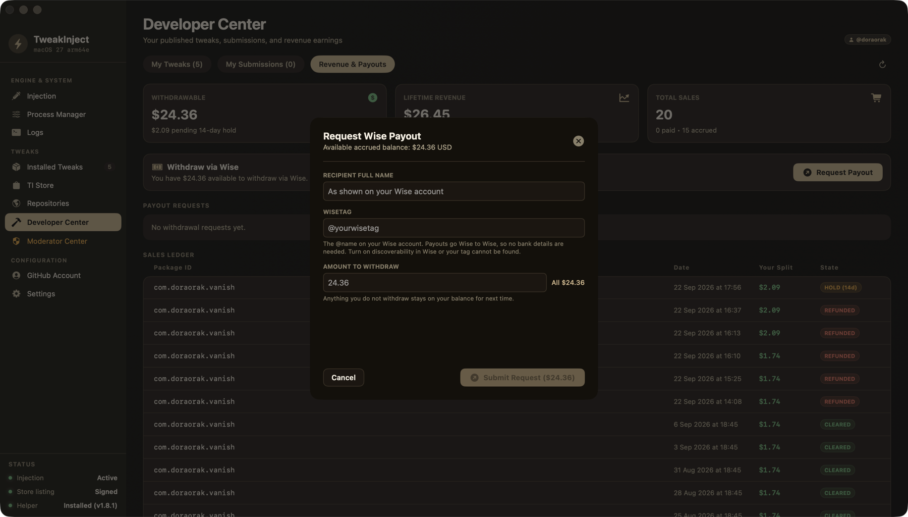 The Request Wise Payout form