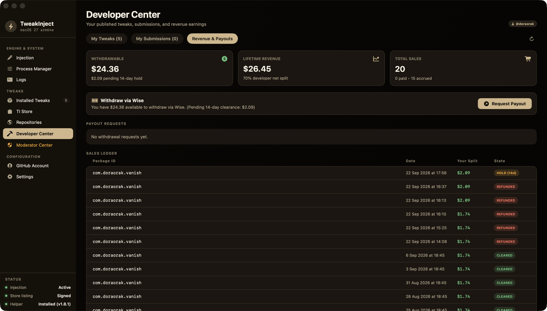 The Revenue and Payouts tab of the Developer Center